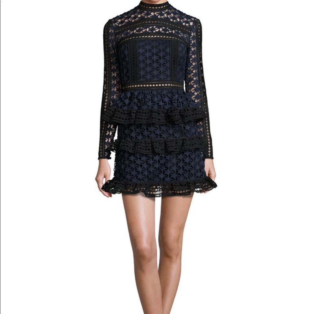 self-portrait navy and black tiered mini dress